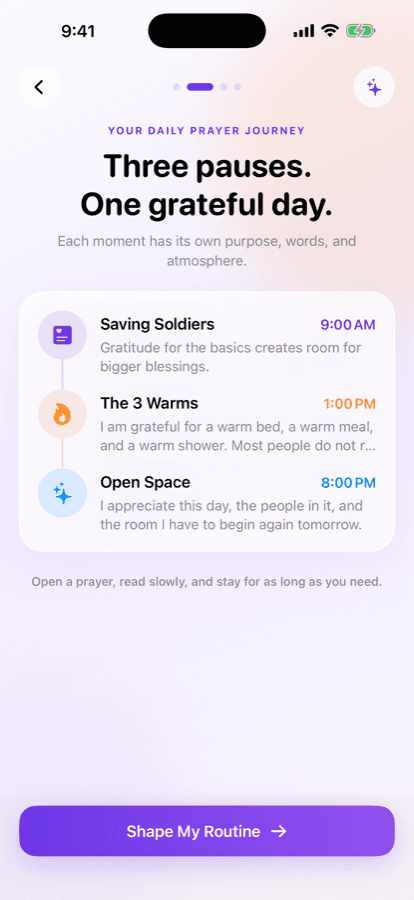 Pray Today onboarding previewing three daily gratitude moments