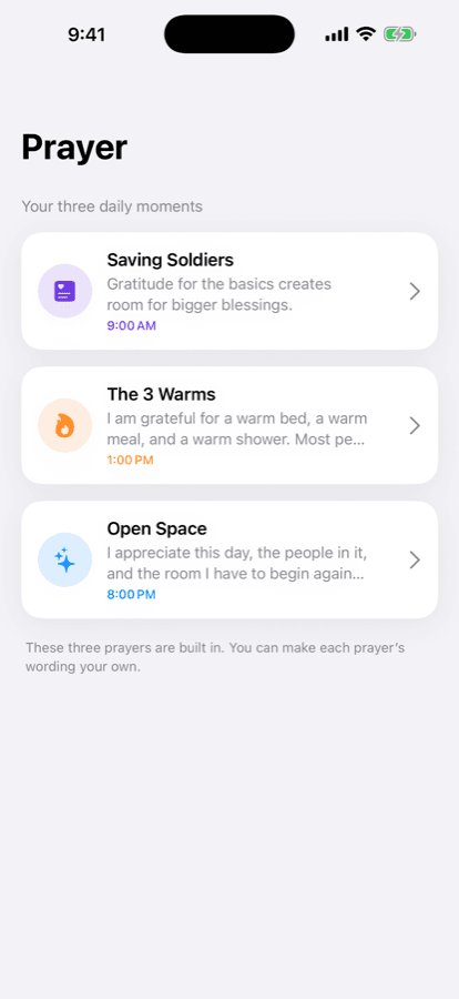 The three built-in prayers in Pray Today