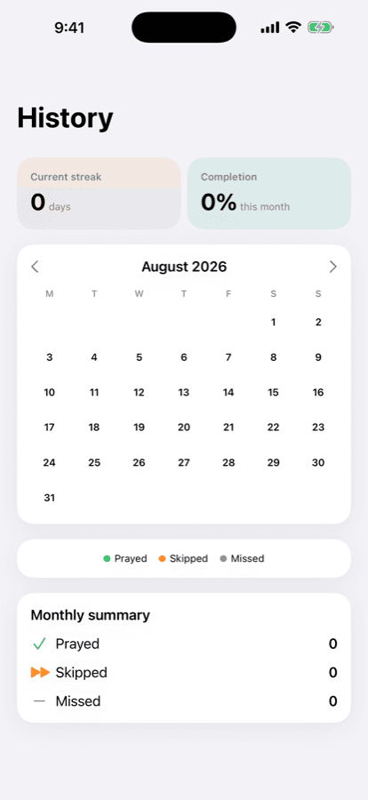 Pray Today history calendar and streak summary